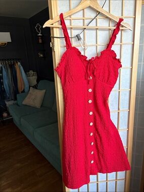 No Boundaries Vibrant Red Ruffle-Trim Button Front Mini Dress